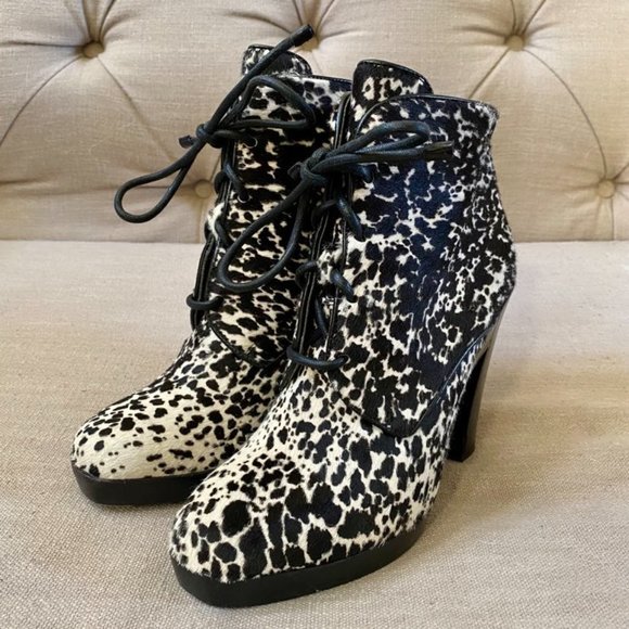 Reed Krakoff Lace Up Calf Hair Pony Style Ankle Boot Black White Size EU 39.5 - Picture 4 of 15
